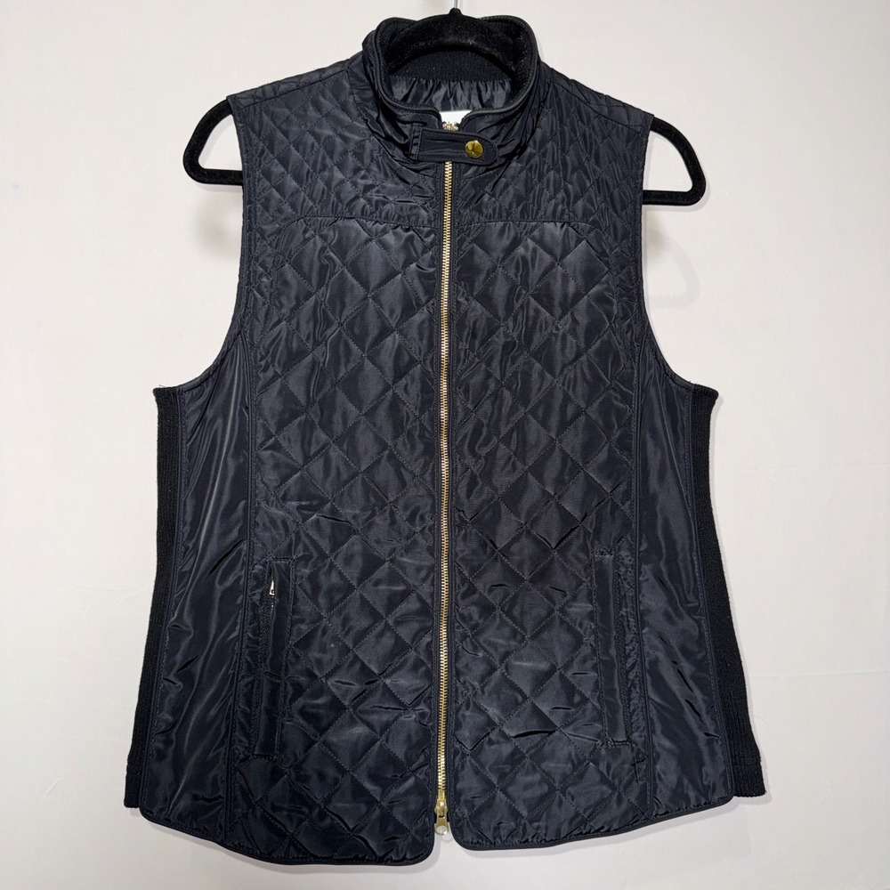 Peck & Peck Womens Black Quilted Vest Gold Zipper Ribbed Sides Size Medium